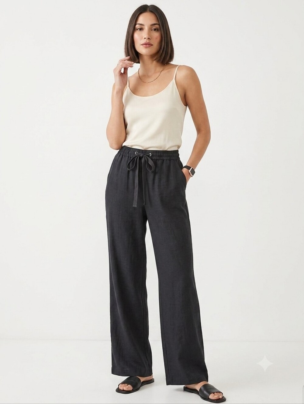 Chloe + Jasmine Black Wide Leg Drawstring Pants Large - Picture 2 of 13